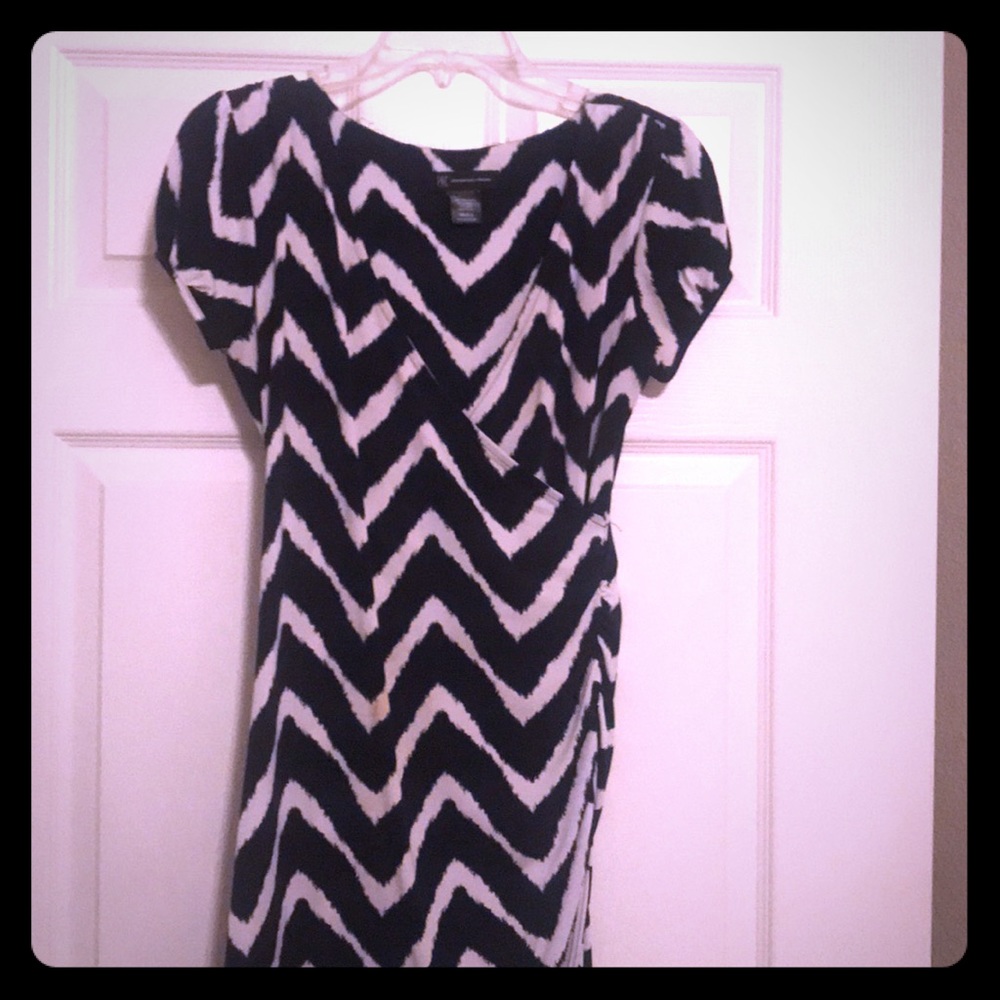 Navy blue and white wrap dress
